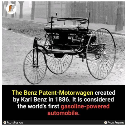 1886 - Benz - The first gasoline powered one. Note the bicycle wheels.