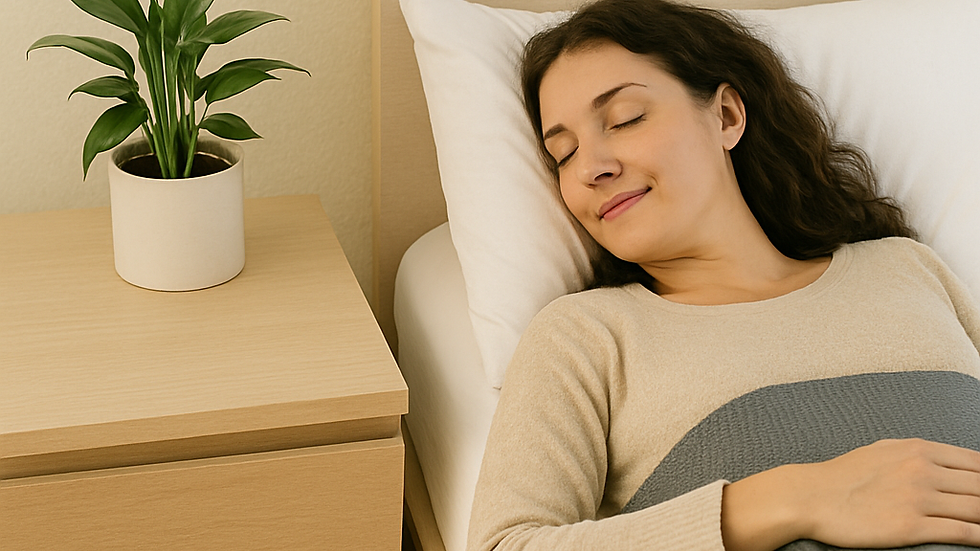 A person peacefully asleep in a cosy bedroom, next to a bedside table adorned with a potted plant.