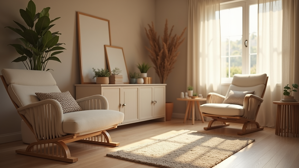 Close-up view of a serene therapy room with comfortable seating