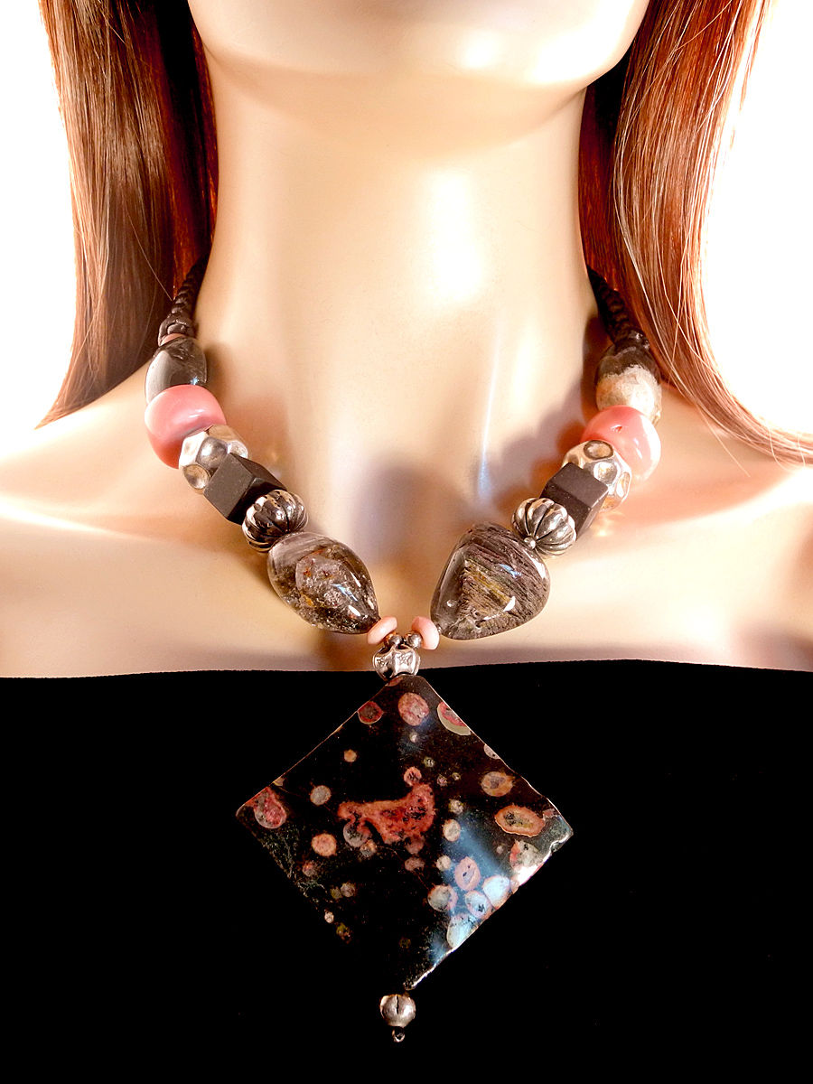 Thumbnail: Striking Fossilized Stone in Peach and Black on Necklace of Moss Agate, Coral