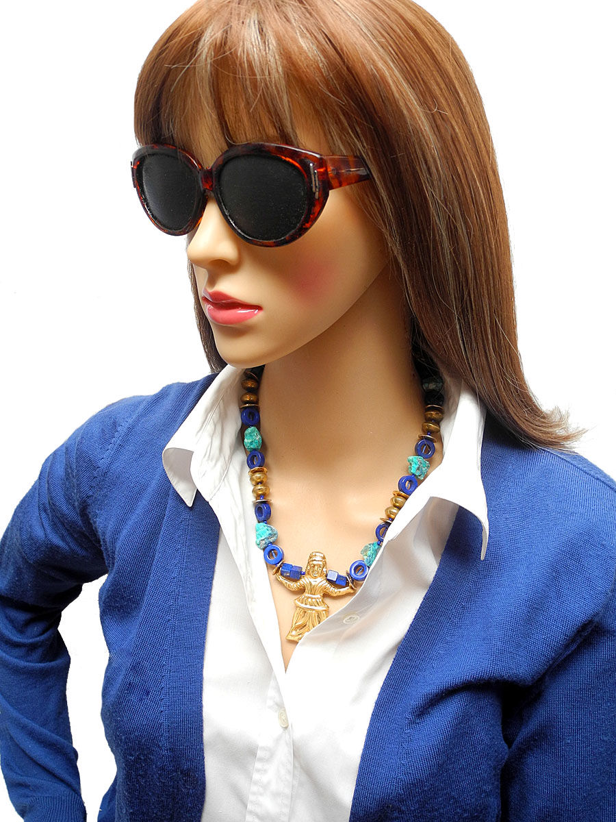 Thumbnail: Necklace of Lapis, Azurite & Brass Hosts Antique 14K Gold Vermeil  Dancer