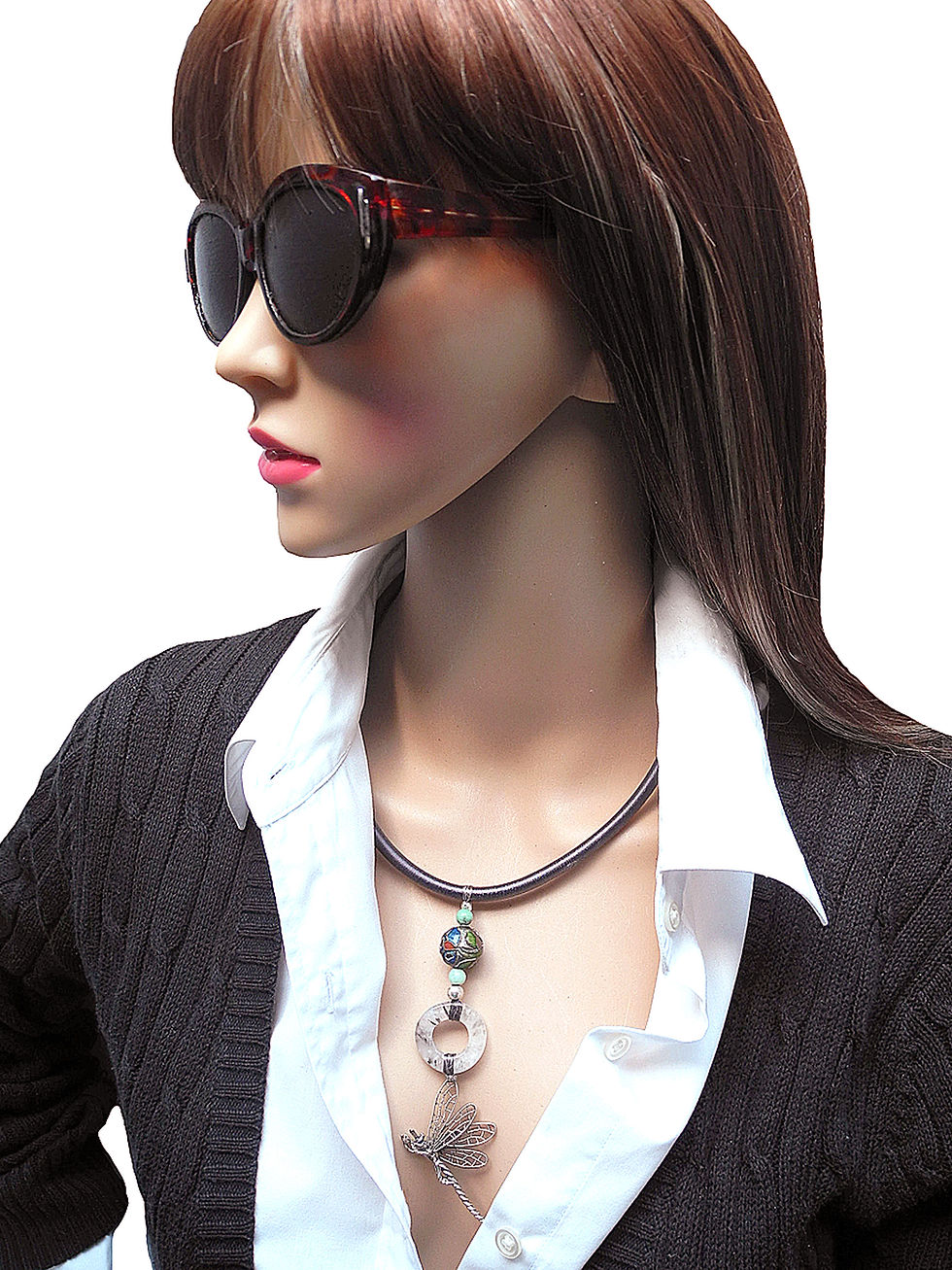 Thumbnail: Delicate Silver Dragonfly Floats on a Silk Band with Antique Cloisonne & Jade