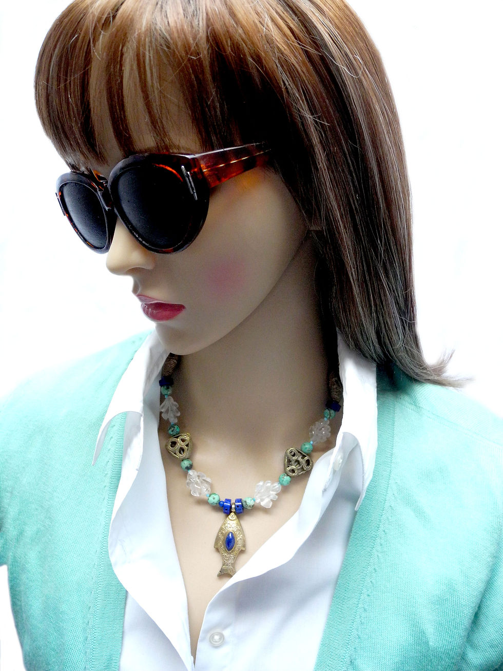 Thumbnail: A Fish Swims on a Necklace of Antique Crystal, Brass & Lapis