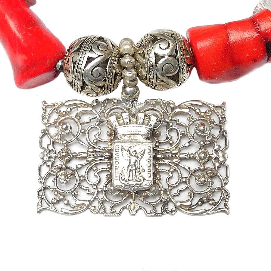 Thumbnail: Exquisite, French Victorian, Silver Pendant Graces a Necklace of Coral and Pearl