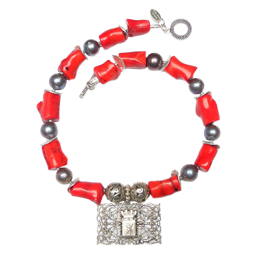 Thumbnail: Exquisite, French Victorian, Silver Pendant Graces a Necklace of Coral and Pearl