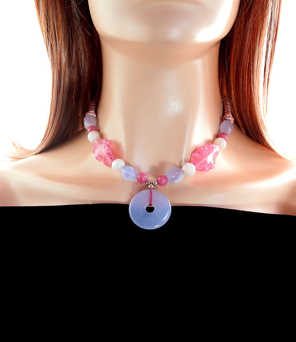 Thumbnail: Pretty, Chalcedony Disc on Necklace of Moonstones, Rhodonite