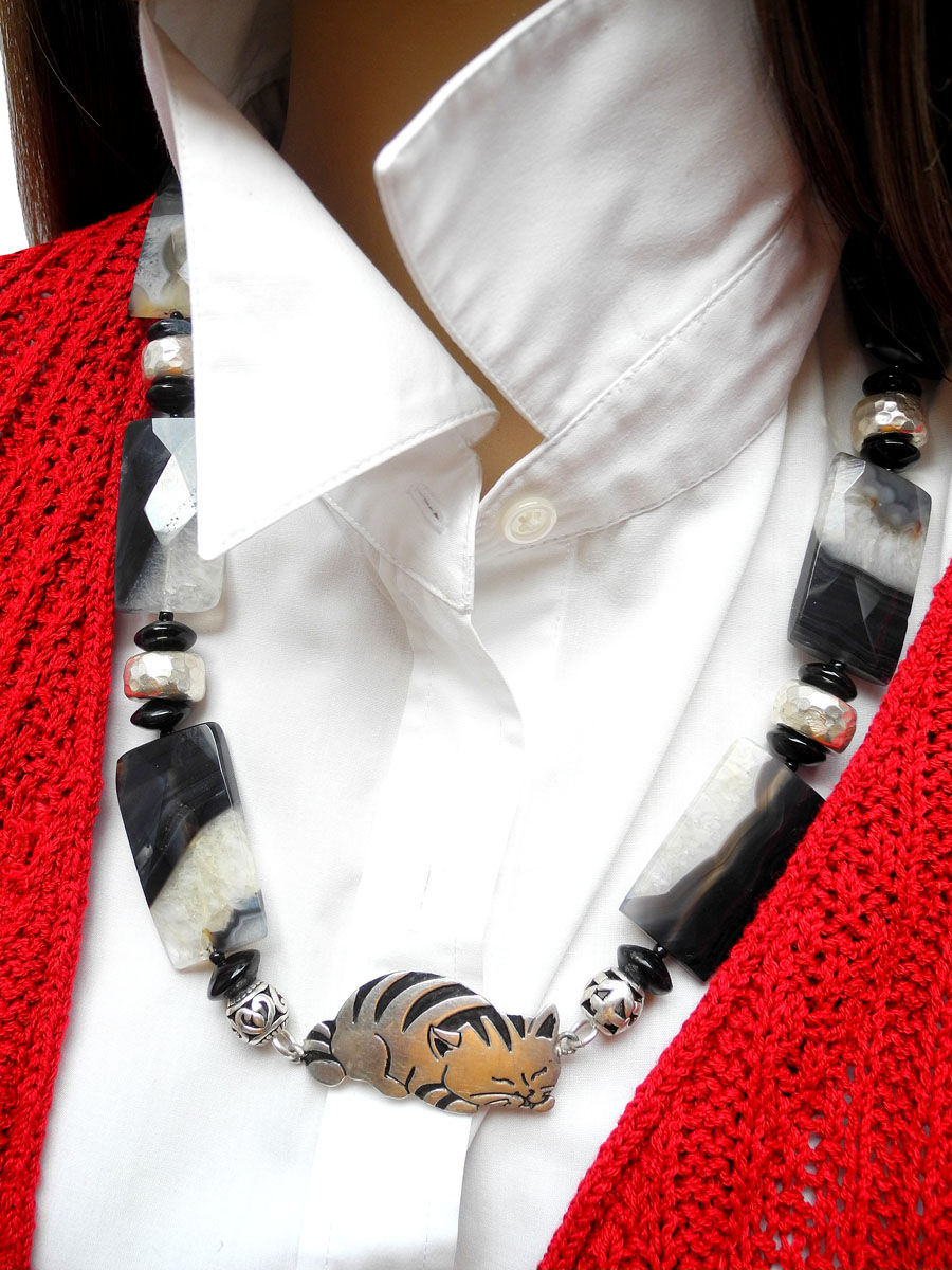 Thumbnail: Contented Tabby Cat in Silver, Stars in Necklace of Agate & Silver