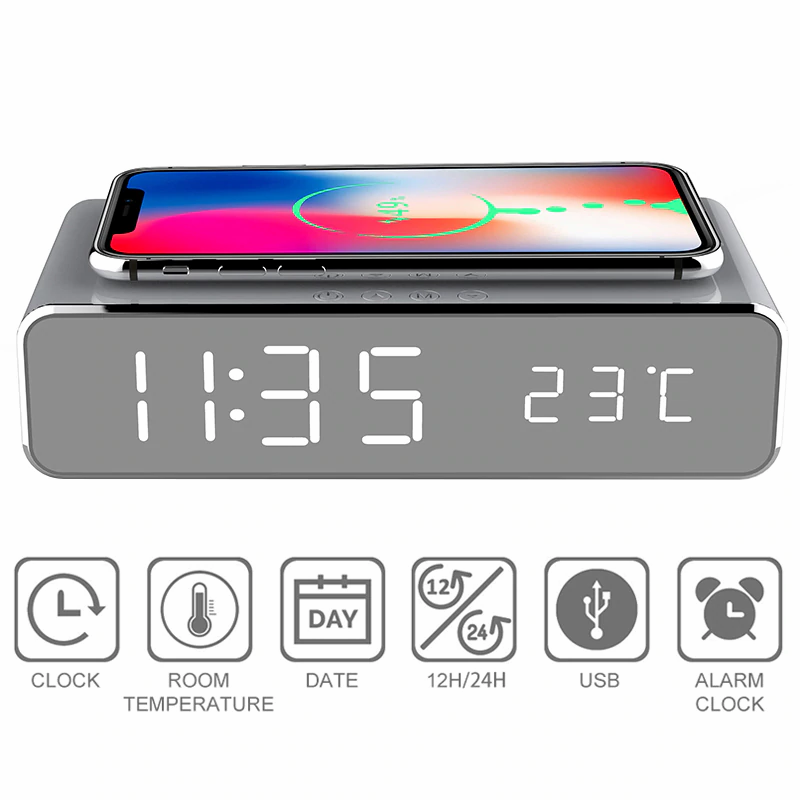 Reloj Digital de Mesa con cargador inalámbrico para Celular 12/24 fecha  yTemp. | Milideas