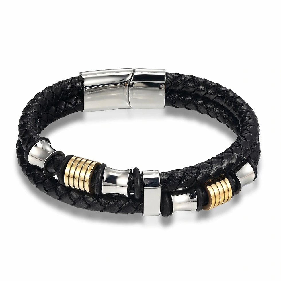 Pulsera para Hombre: Perfecta mezcla de Cuero y acero inoxidable. Plata y dorado