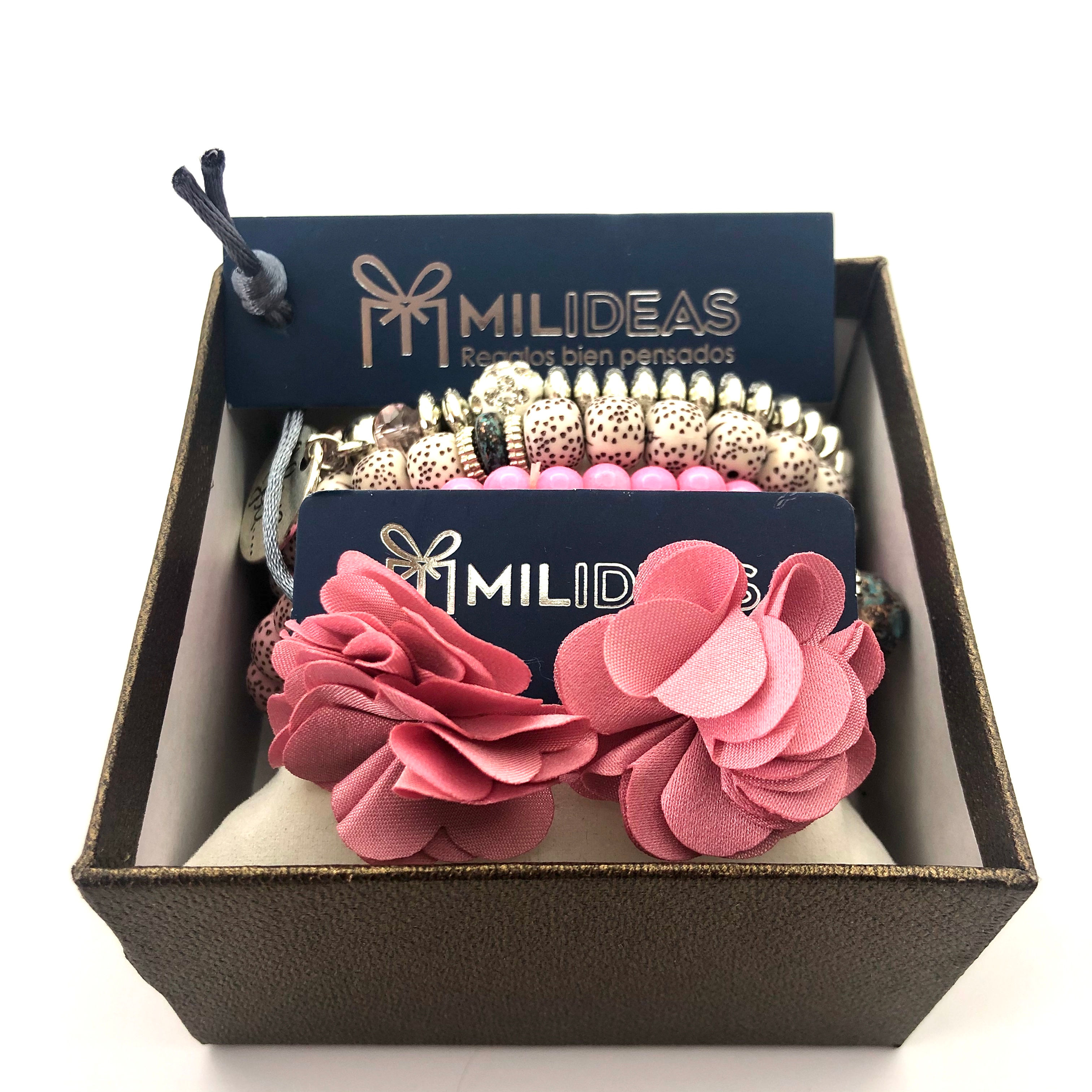 Pulsera Piedras y Aretes en Flor Tonos Rosa