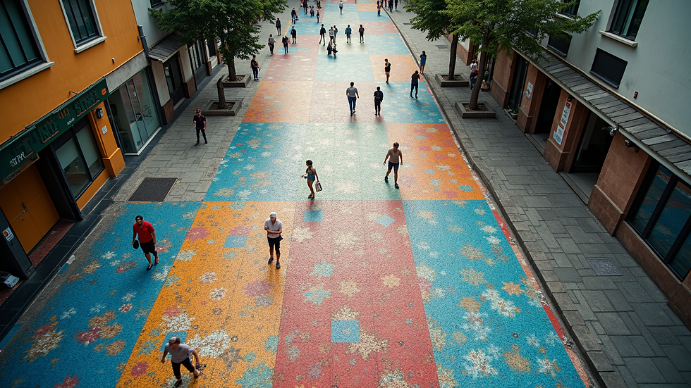 High angle view de mosaico público colorido em espaço urbano