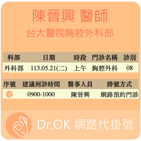 台大醫院胸腔外科部 陳晉興醫師 113.05.21 門診 - 委託 Dr.OK台大醫院門診掛號成功