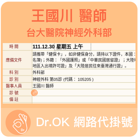 台大醫院神經外科部 王國川醫師 委託Dr.OK代掛號成功 111.12.30