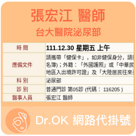 台大醫院泌尿部 張宏江醫師 委託Dr.OK代掛號成功 111.12.30