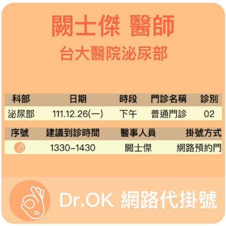 台大醫院泌尿部 闕士傑醫師 委託Dr.OK代掛號成功 111.12.26