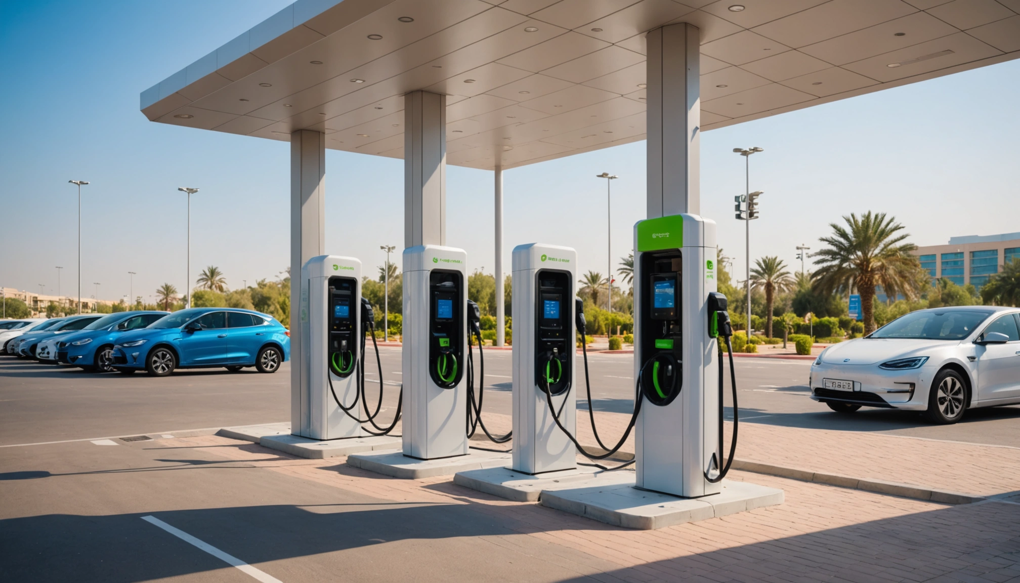Eye-level view of a modern electric vehicle charging station in the UAE