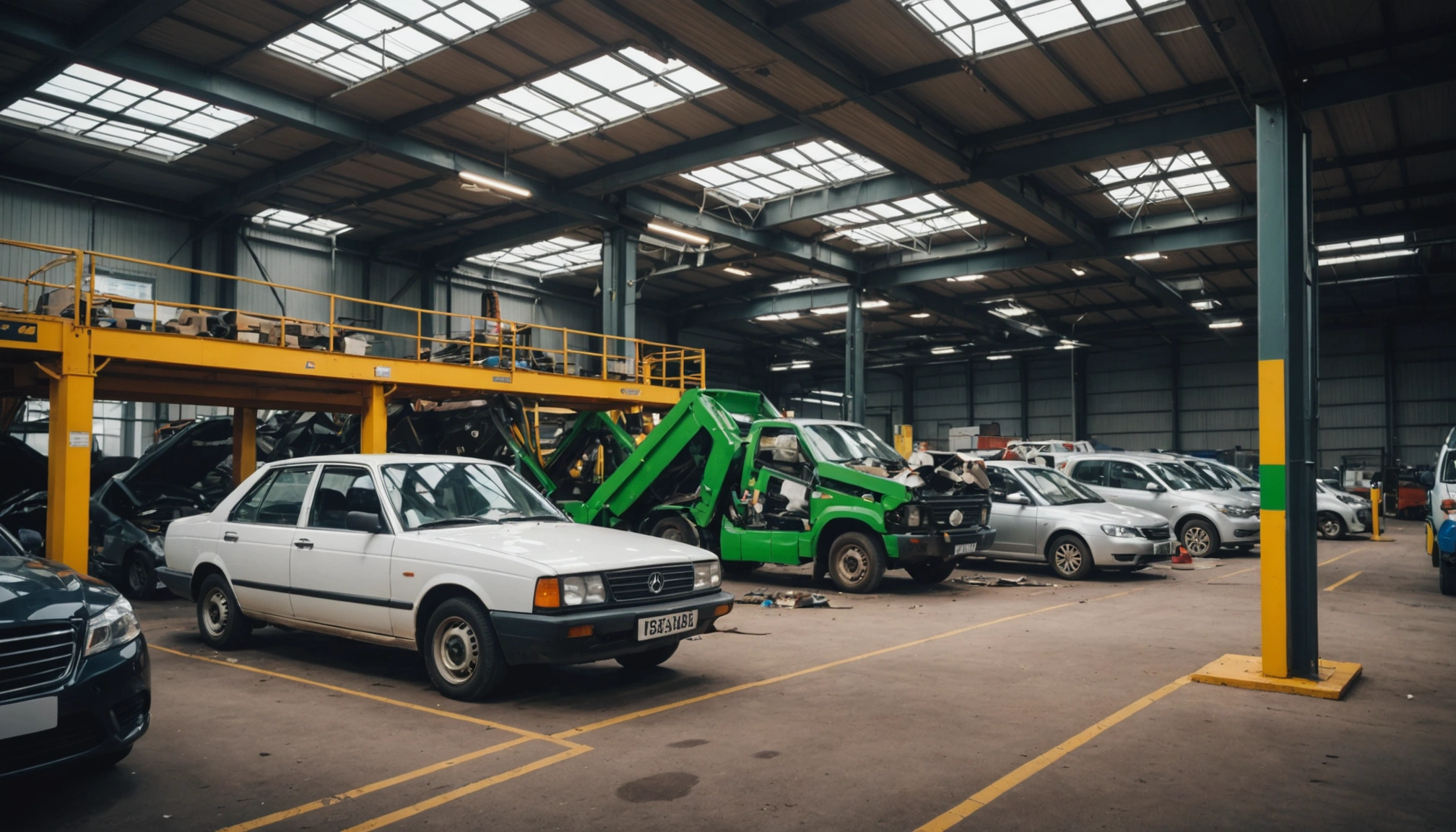 Close-up view of a car recycling facility with environmental signage