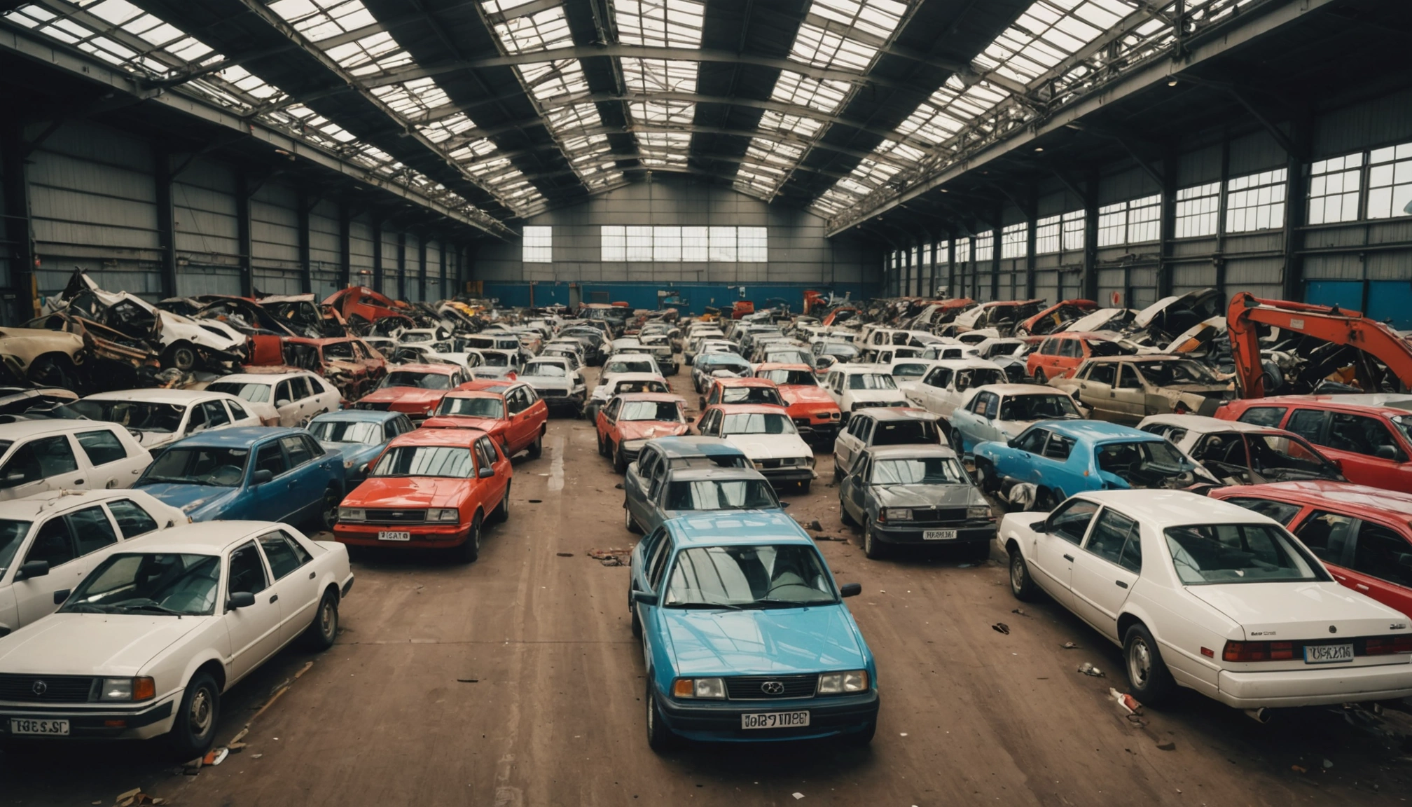 Wide angle view of a vehicle recycling center filled with dismantled cars