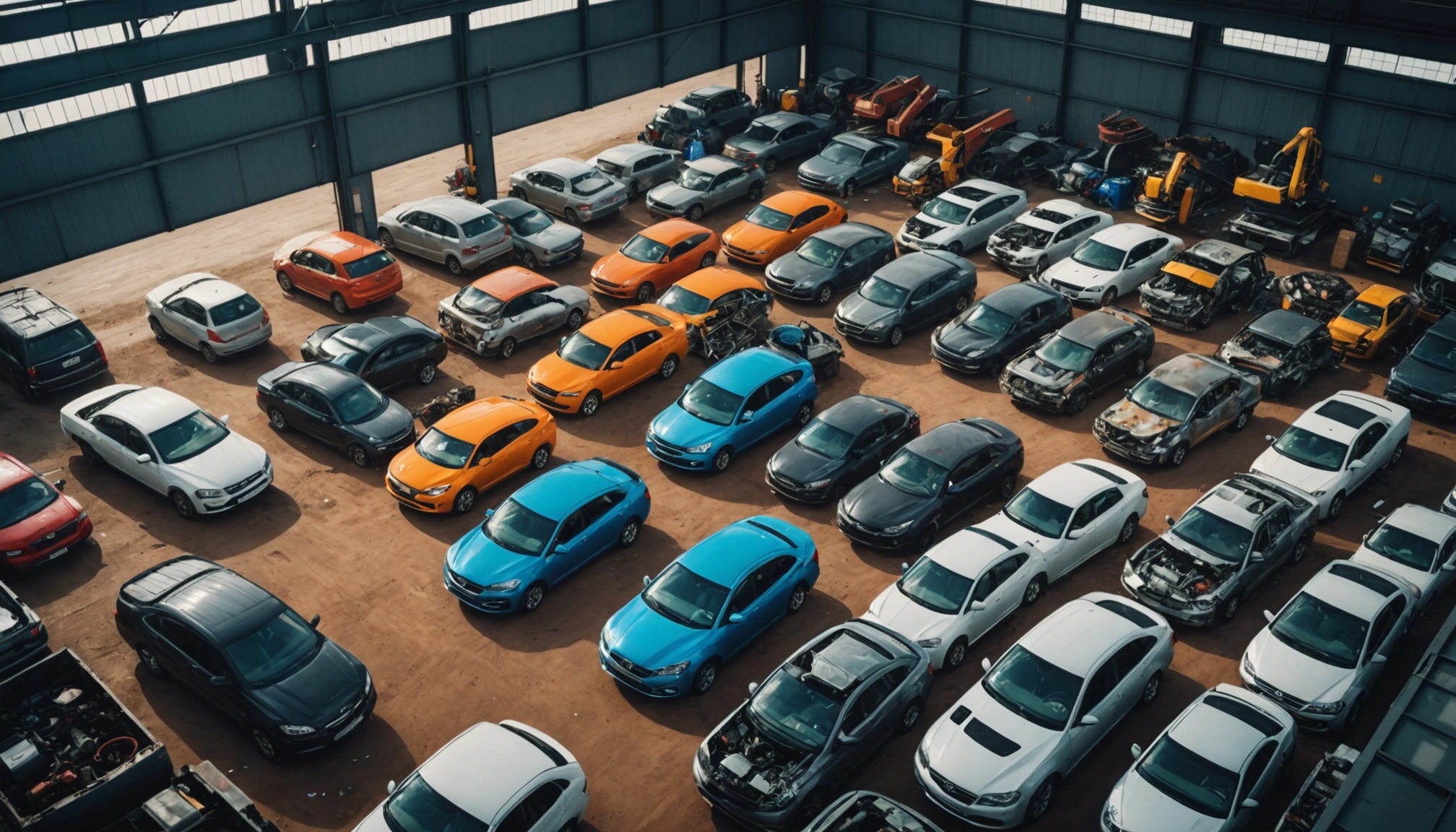 High-angle view of a car recycling facility with various car parts