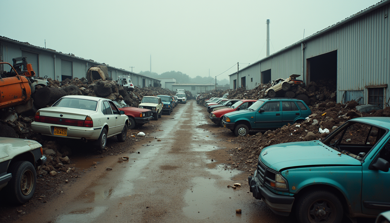 Wide angle view of a recycling facility with dismantled vehicles