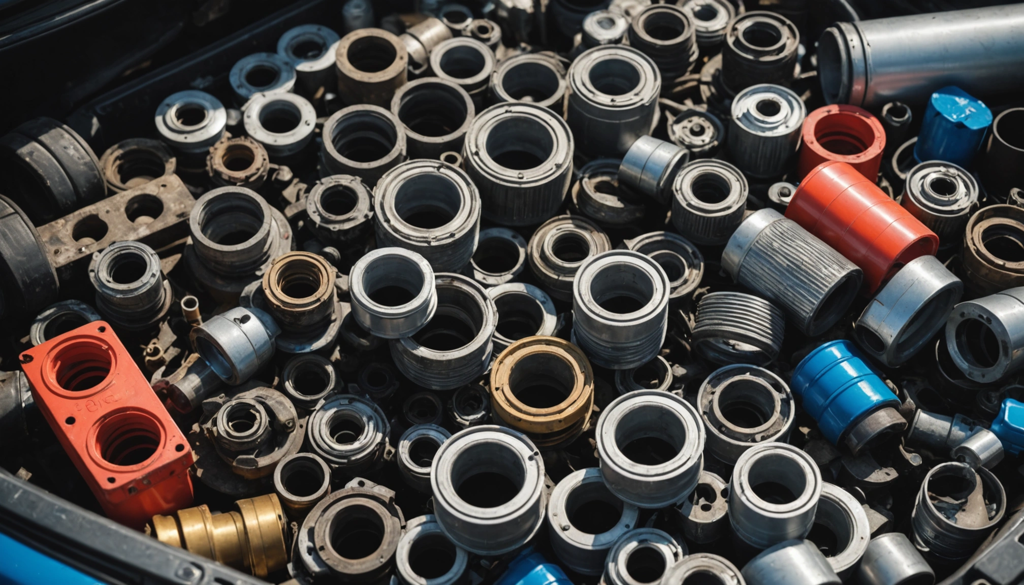 Close-up view of various car parts ready for recycling