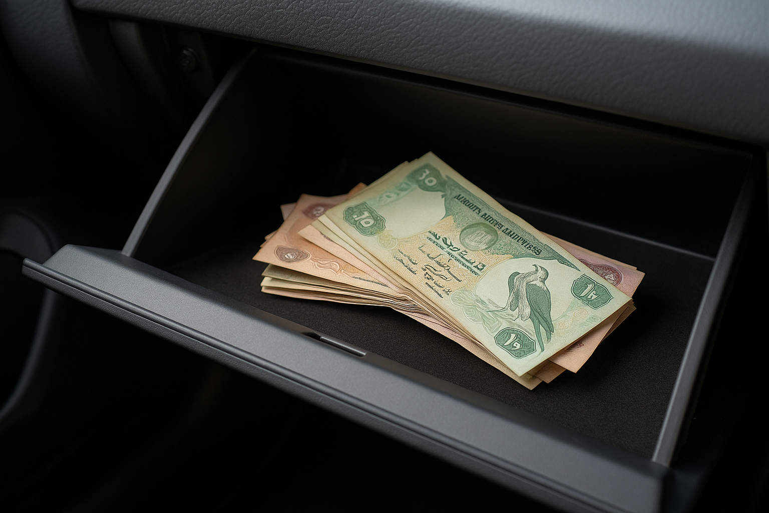 Stack of multi-colored banknotes in an open car glove compartment. Bills feature Arabic text and eagle imagery, set against a dark interior.