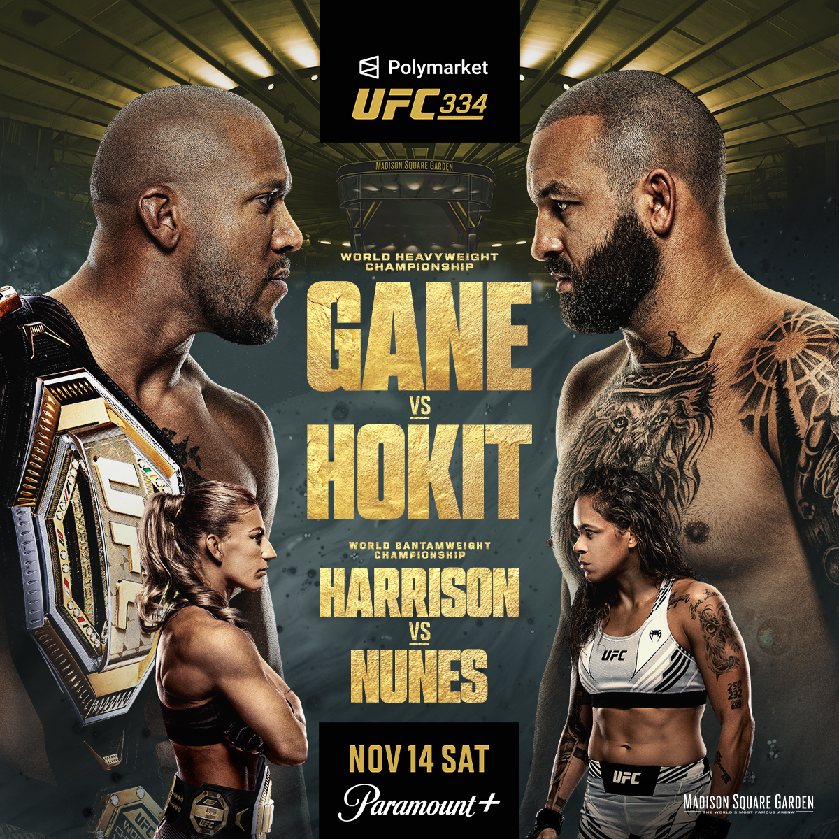 Official UFC 334 artwork: Gane vs. Hokit and Harrison vs. Nunes, November 14