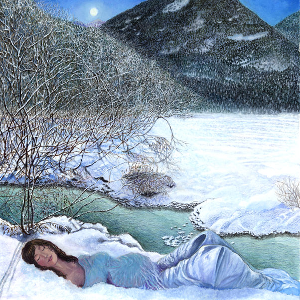snowy mountain landscape with a woman