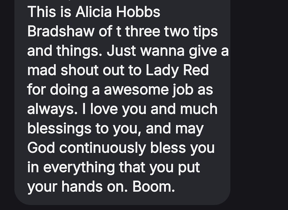Alicia Hobbs Bradshaw's shout out to Lady Red. Boom.