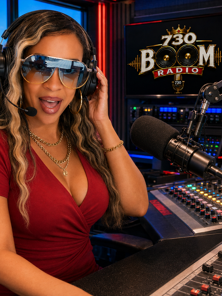 Lady Red, 730 BOOM Radio personality, in the radio studio