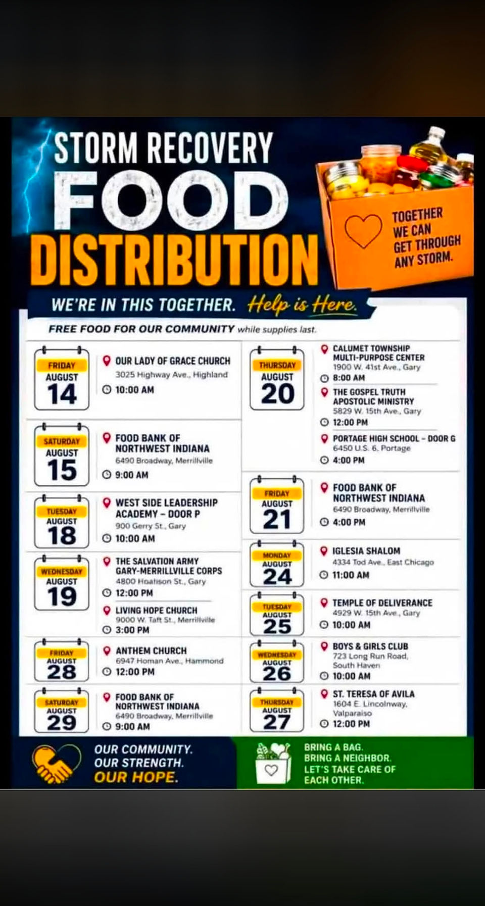 Indiana free food distribution schedule for August 14-26.