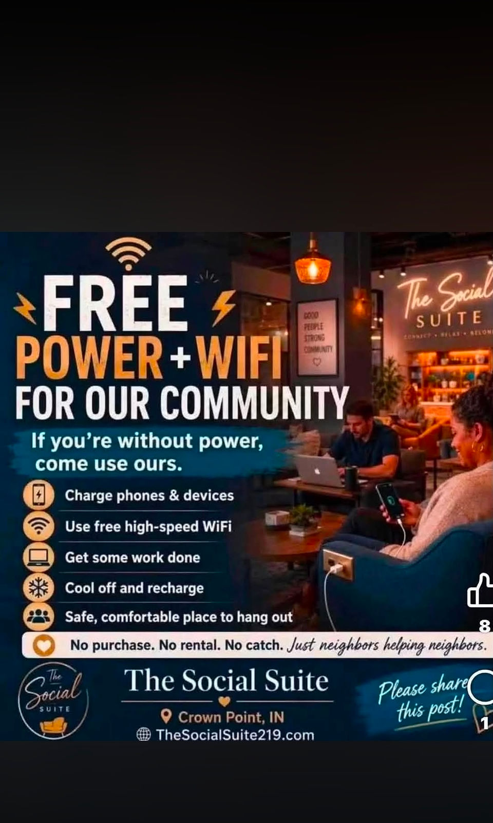 Free power and WiFi for our community poster at The Social Suite.