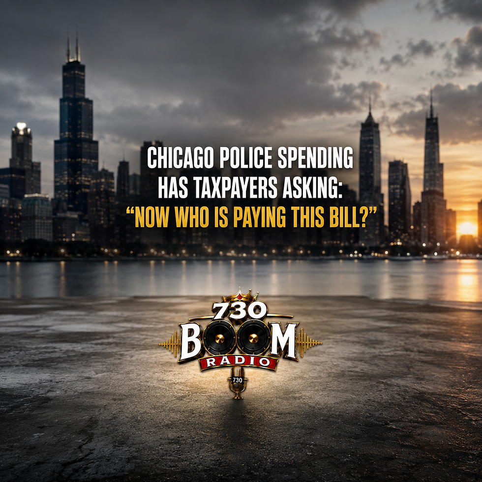 Chicago backdrop skyline titled Chicago police spending has taxpayers asking: "Now who is paying this bill?"