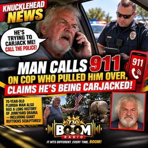 730 BOOM Radio Knucklehead News graphic featuring an AI-generated reenactment of a 70-year-old Florida man angrily talking on his cellphone during a traffic stop while a police officer stands beside his vehicle. Bold red, yellow, and white headlines read: “Man Calls 911 on Cop Who Pulled Him Over, Claims He's Being Carjacked!” A speech bubble reads, “He's Trying to Carjack Me! Call the Police!” Additional images depict a junk-filled yard, a giant buttocks sculpture, and an AI-generated mugshot-style portrait. The graphic includes 730 BOOM Radio branding and the slogan “IT HITS DIFFERENT. EVERY TIME. BOOM!”