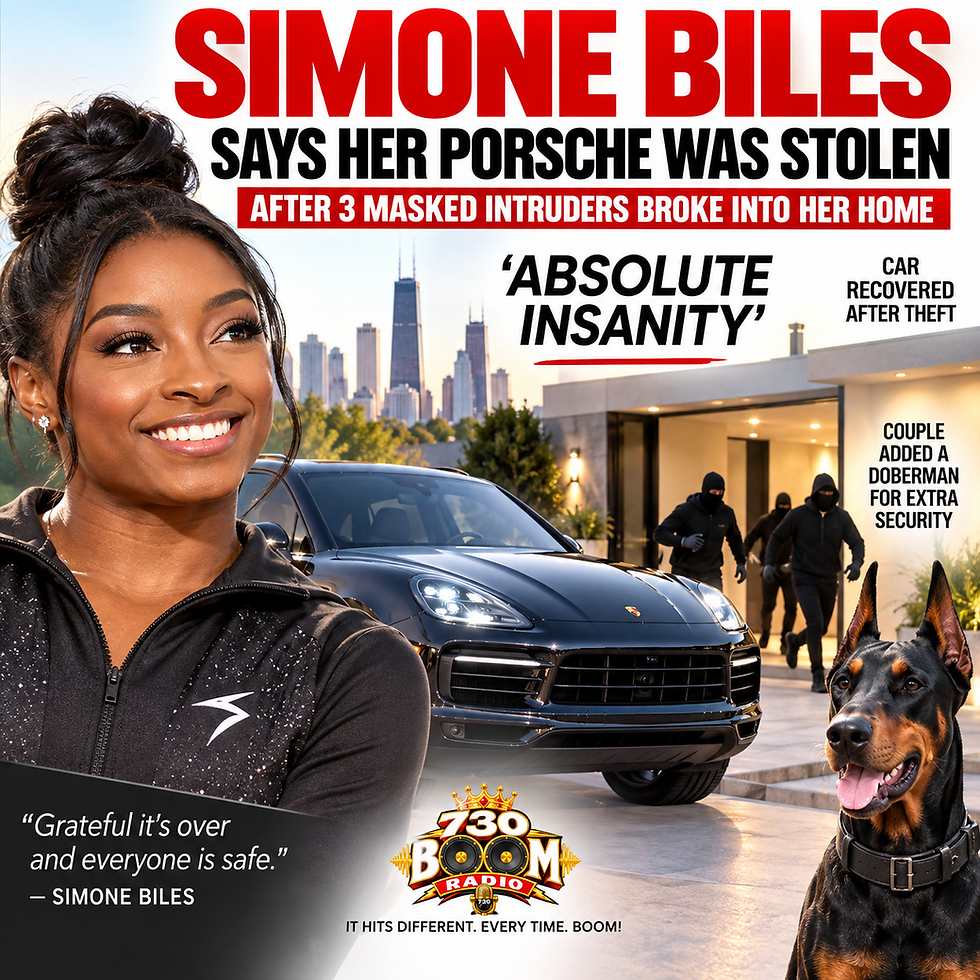 Bright news graphic about Simone Biles’ stolen Porsche, featuring a luxury black Porsche outside a modern home, three masked intruders in the background and a Doberman representing added security. The headline reads, “Simone Biles Says Her Porsche Was Stolen After 3 Masked Intruders Broke Into Her Home: ‘Absolute Insanity.’” The graphic notes that the vehicle was recovered and features 730 BOOM Radio branding centered at the bottom.