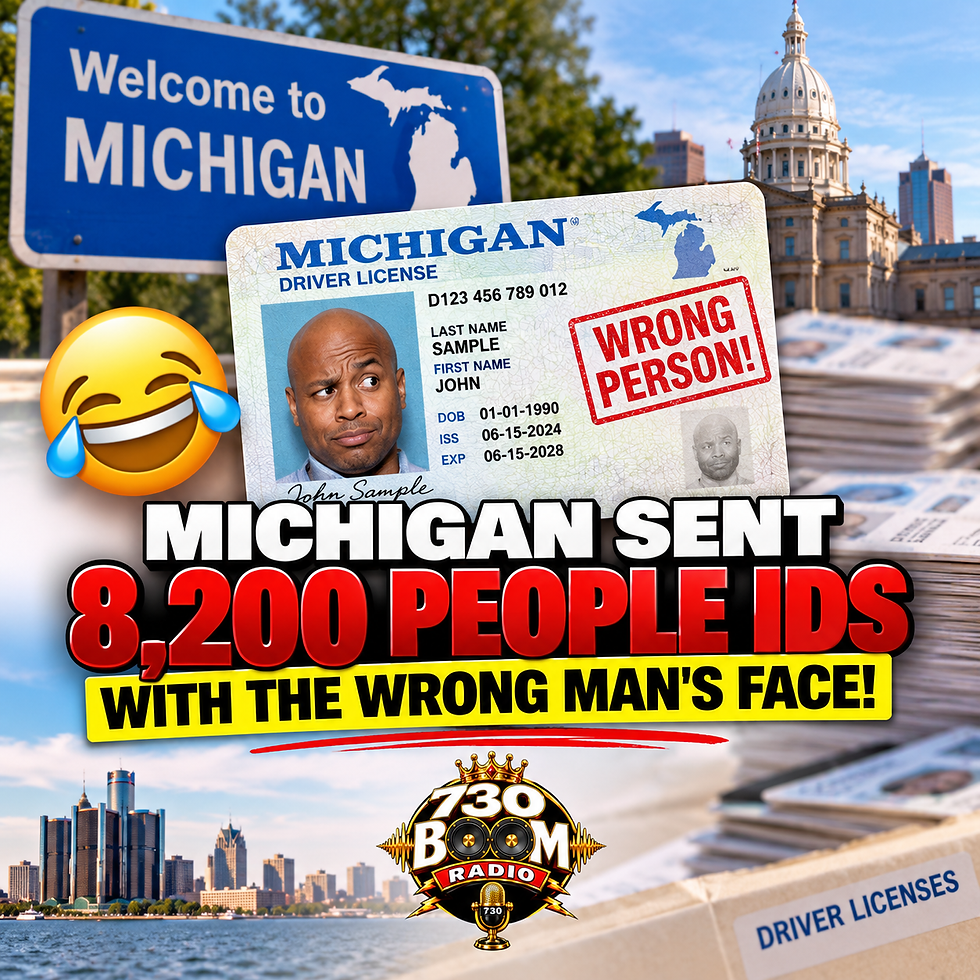 730 BOOM Radio news graphic featuring a Michigan driver’s license with an incorrect photo, stacks of IDs, Michigan landmarks, and the headline “Michigan Sent 8,200 People IDs With the Wrong Man’s Face!” The official 730 BOOM Radio logo is centered at the bottom.