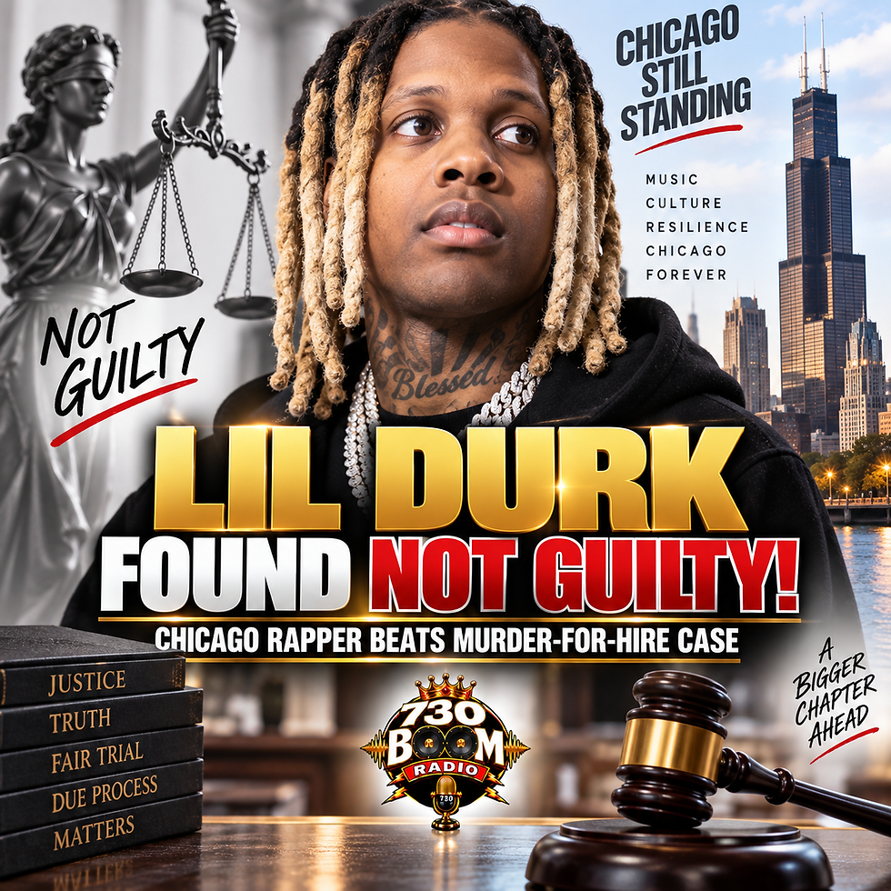 730 BOOM Radio breaking news graphic featuring Lil Durk with the Chicago skyline, Lady Justice, scales of justice and a courtroom gavel. The headline reads, “Lil Durk Found Not Guilty! Chicago Rapper Beats Murder-for-Hire Case.” The 730 BOOM Radio logo is centered at the bottom.