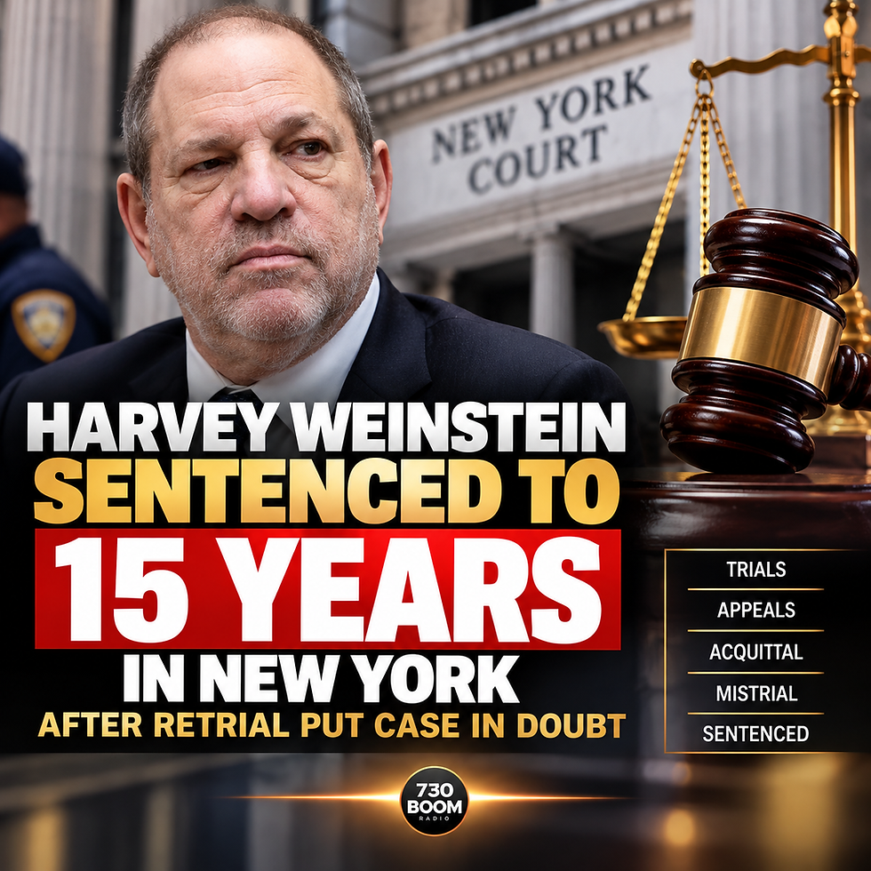 Breaking entertainment news graphic featuring Harvey Weinstein outside a New York courthouse with a judge’s gavel and scales of justice. Large headline reads, “Harvey Weinstein Sentenced to 15 Years in New York,” with references to his retrial, appeals, acquittal and mistrial. A small 730 BOOM Radio logo appears centered at the bottom.