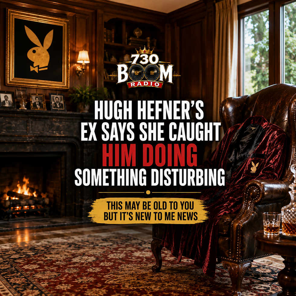 : 730 BOOM Radio entertainment graphic featuring an empty leather chair with a Playboy-style robe in a mansion setting. Headline reads, “Hugh Hefner’s Ex Says She Caught Him Doing Something Disturbing,” with the tagline, “This May Be Old to You, But It’s New to Me News,” and the 730 BOOM Radio logo centered at the top.