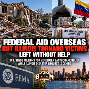 730 BOOM Radio news graphic contrasting tornado devastation in Cook County, Illinois, with U.S. humanitarian assistance for earthquake relief in Venezuela. The left side shows heavily damaged residential buildings, collapsed roofs, and debris, while the right side features a military cargo plane, humanitarian aid supplies, relief workers, and the Venezuelan flag. Bold red, black, and white lettering reads, “FEDERAL AID OVERSEAS BUT ILLINOIS TORNADO VICTIMS LEFT WITHOUT HELP.” Additional text highlights U.S. earthquake relief funding for Venezuela and the denial of Illinois' FEMA disaster assistance request. A FEMA building, Chicago skyline, and the crowned 730 BOOM Radio logo appear along the bottom. The disaster scenes are illustrative, not actual photographs of the affected locations.