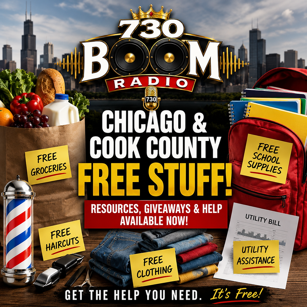 730 BOOM Radio graphic highlighting free resources available in Chicago and Cook County, including groceries, school supplies, haircuts, clothing and utility assistance.