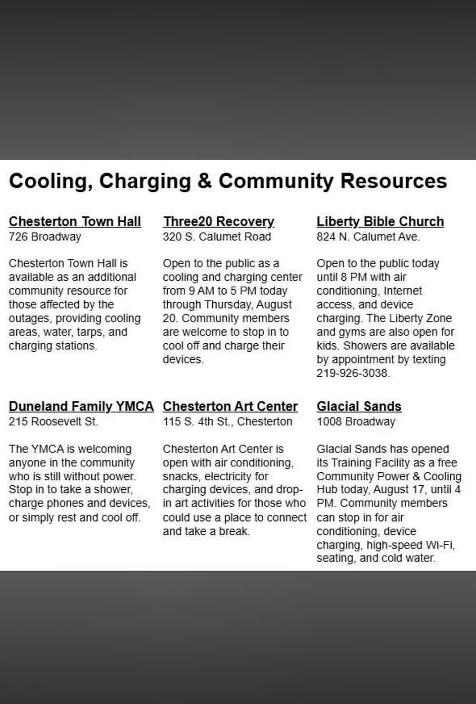 Cooling, Charging & Community Resources in Indiana