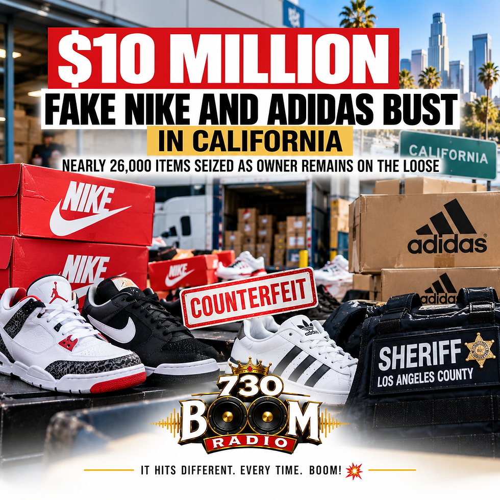 730 BOOM Radio news graphic highlighting a $10 million counterfeit Nike and Adidas merchandise bust in California. Nearly 26,000 items were seized from an Arcadia warehouse as authorities continue searching for the business owner. The image features stacks of counterfeit sneakers and boxes, a Los Angeles County Sheriff vest, California backdrop, and the 730 BOOM Radio logo centered at the bottom.