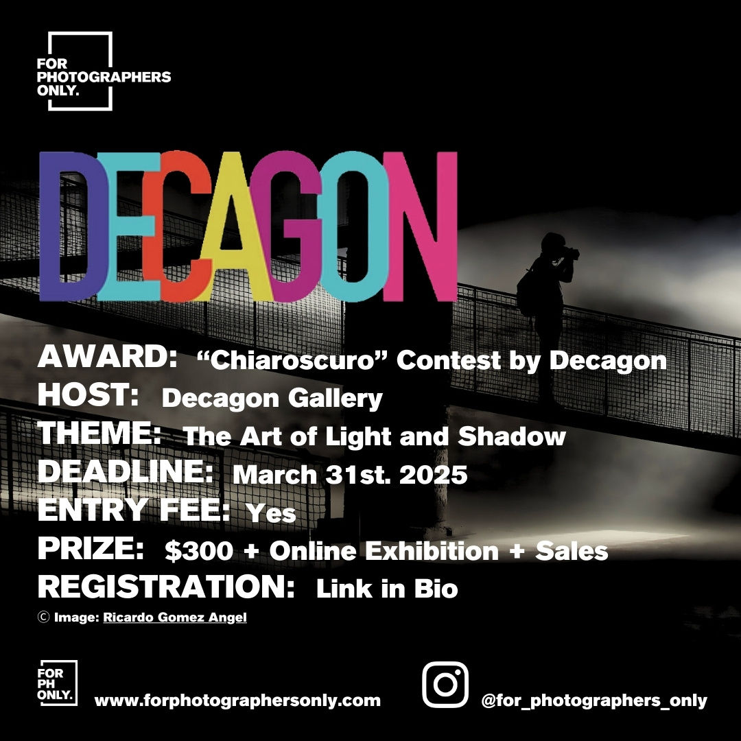 Decagon art gallery flyer for "Chiaroscuro" award: The Art of Light and Shadow. There's less relevant submission deadline, entry fee, and prize info. I couldn't find a better flyer. The background is nice tho, a person taking a photo in silhouette on a ramp in a room full of hazy atmospheric light.