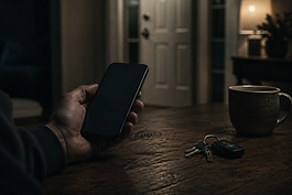A person holds a smartphone while sitting at a wooden table beside a set of house keys and a coffee mug. In the softly blurred background, a closed front door creates a quiet, uneasy atmosphere.