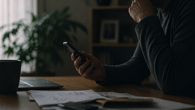 A person sits at a table in soft light, looking at a phone with a concerned posture, suggesting a moment of realization after a suspicious message.