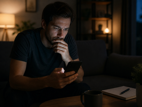 Person sitting indoors in low light, looking thoughtfully at a smartphone, suggesting a moment of uncertainty during a digital interaction.