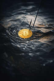 A gold Bitcoin coin caught on a sharp hook beneath dark water, with submerged dollar bills floating around it, symbolizing cryptocurrency scams and financial loss.