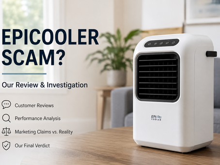 Epicooler review header image featuring a portable air cooler and the title "Epicooler Scam? Our Review & Investigation," illustrating an analysis of customer reviews, marketing claims, and product performance.