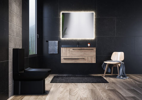 Loş aydınlatmalı banyo, koyu renk modern banyo dekorasyonu, minimalist lüks banyo tasarımı.